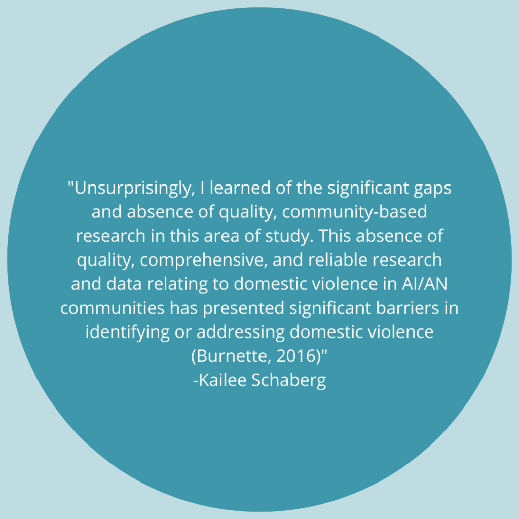 Unsurprisingly, I learned of the significant gaps and absence of quality, community-based research in this area of study. This absence of quality, comprehensive, and reliable research and data relating to domestic violence in AI/AN communities has presented significant barriers in identifying or addressing domestic violence (Burnette, 2016). -Quote by Kailee Schaberg