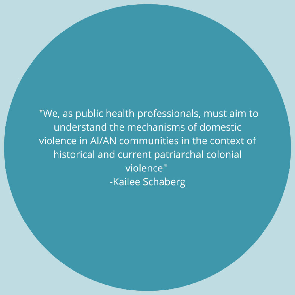 We, as public health professionals, must aim to understand the mechanisms of domestic violence in AI/AN communities in the context of historical and current patriarchal colonial violence. - Quote from Kailee Schaberg