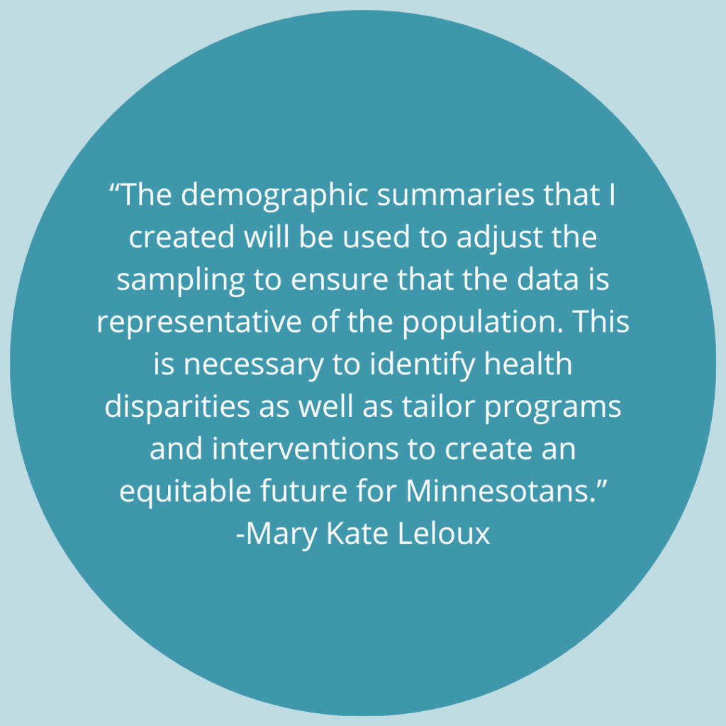 The demographic summaries that I created will be used to adjust the sampling to ensure that the data is representative of the population. This is necessary to identify health disparities as well as tailor programs and interventions to create an equitable future for Minnesotans. -Quote by Mary Kate Leloux