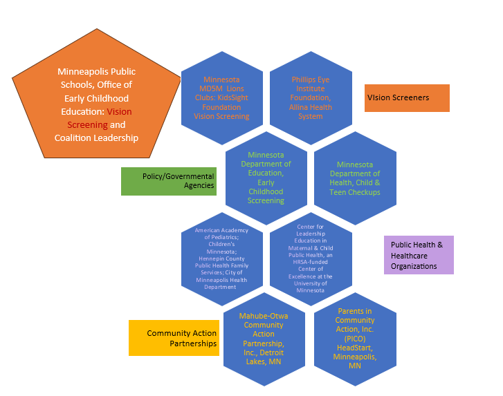 A graphic noting the multiple organizations involved in childhood vision public health work. Types of organizations include vision screeners, policy/governmental agencies, public health and healthcare organizations, and community action partnerships.