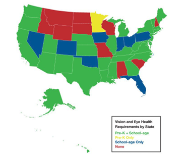 A map of the United States that codes states by their vision and eye health requirements.